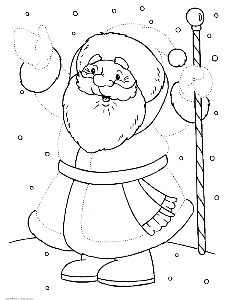Обвести по точкам рисунки с Дедом Морозом и раскрасить их