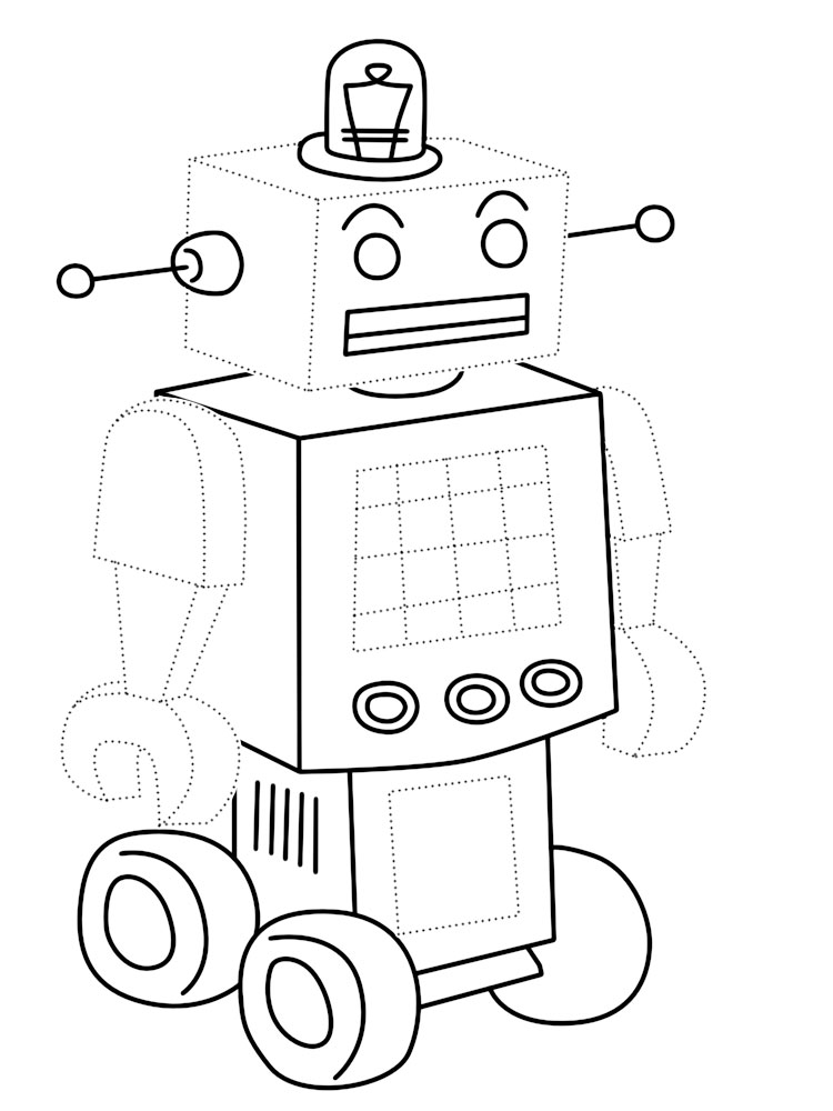 Обвести по точкам рисунки с роботами и раскрасить их