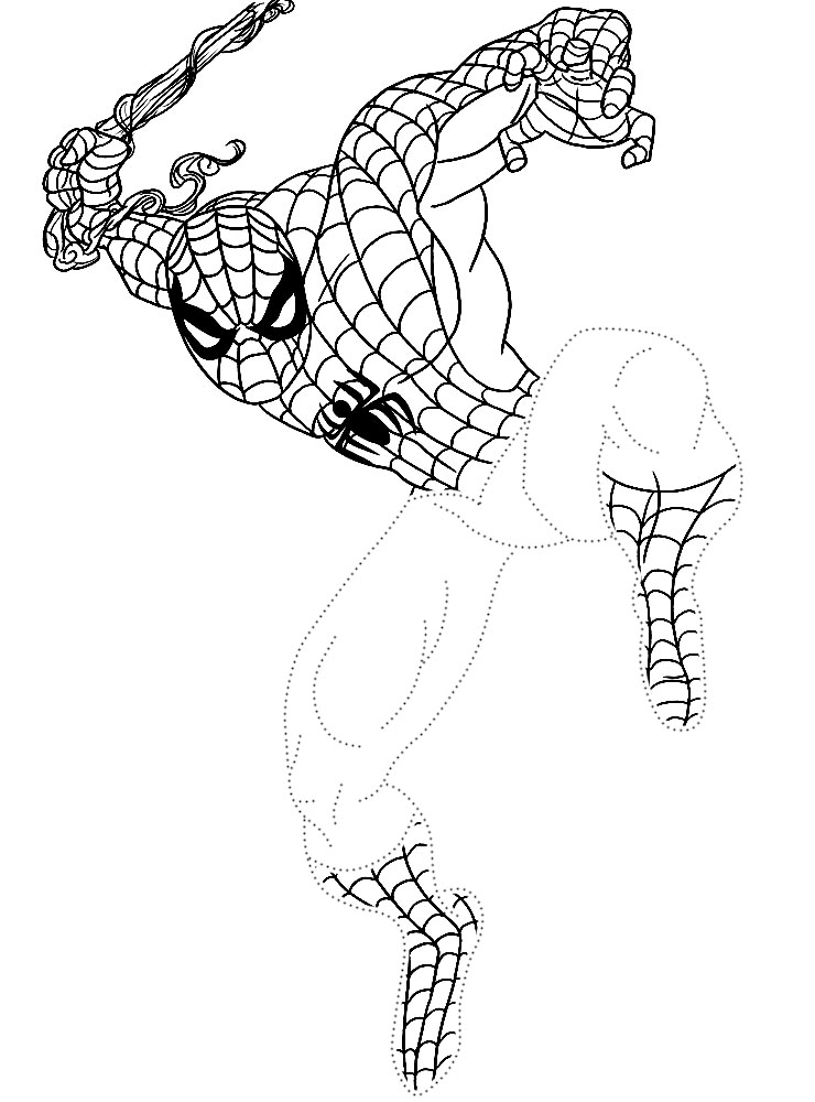 Обвести по точкам рисунки с Человеком-пауком и раскрасить их